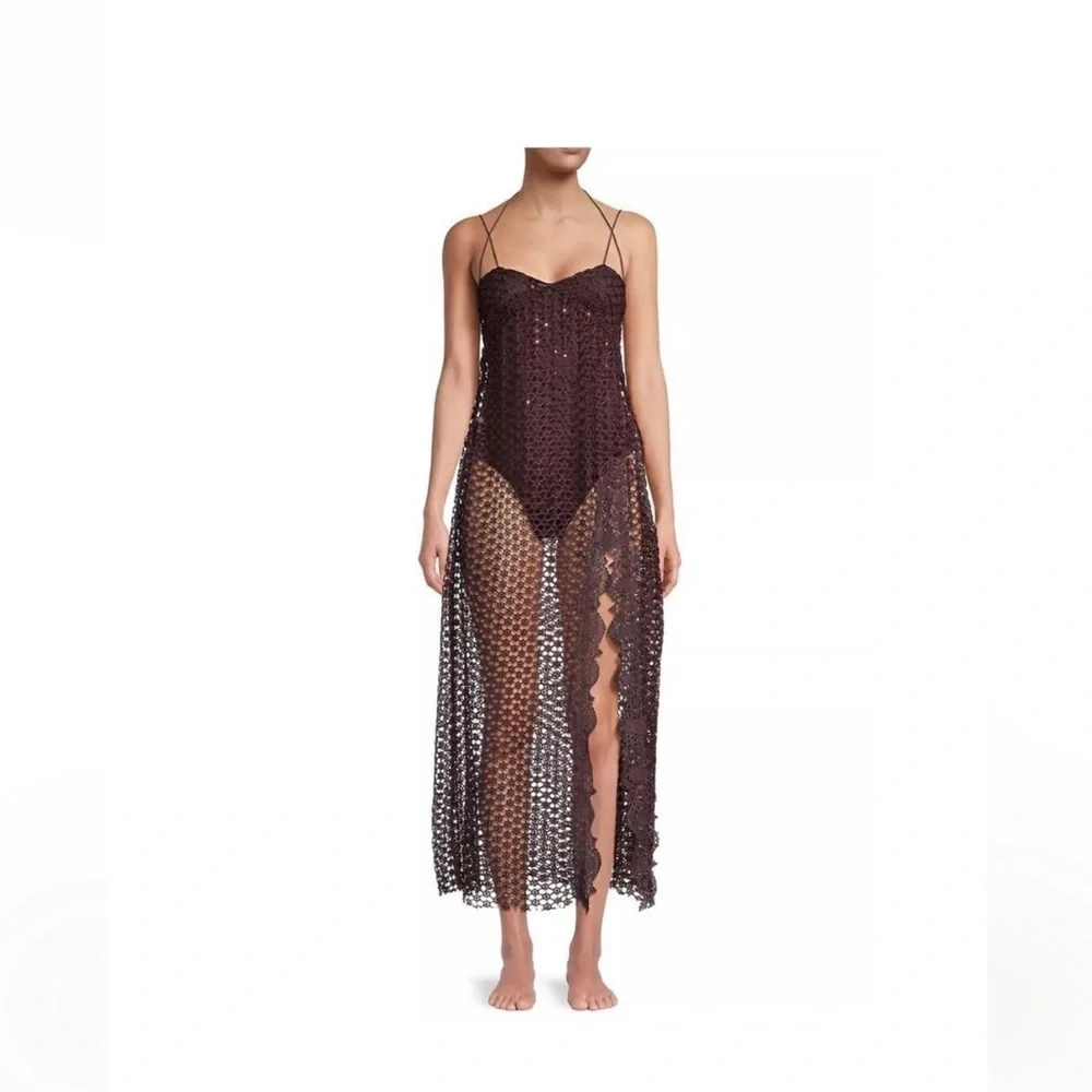 Free People Brown Crochet Asymmetrical Beach Cover Up Dress Boho Resort Small - Picture 11 of 14